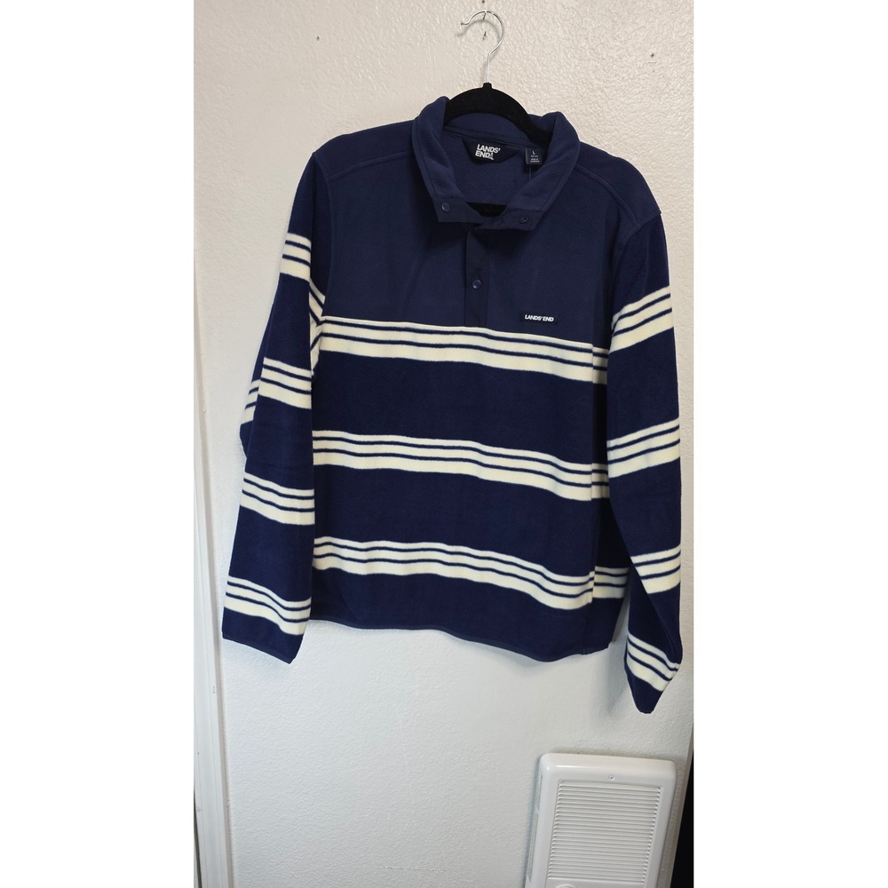 Lands End Fleece Snapneck Pullover Mens L Navy Blue White NWT